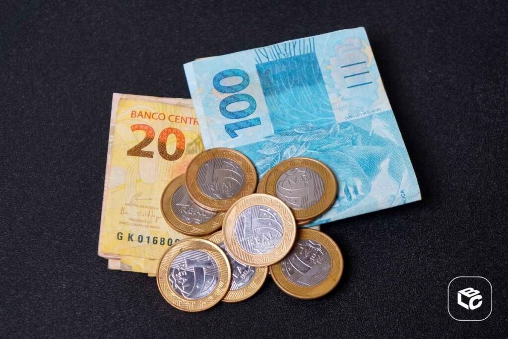 Cédulas de R$ 100 e R$ 20 acompanhadas de moedas de real sobre superfície escura, representando recebimento de valores, pagamento de precatórios, RPVs, créditos judiciais e recursos financeiros.