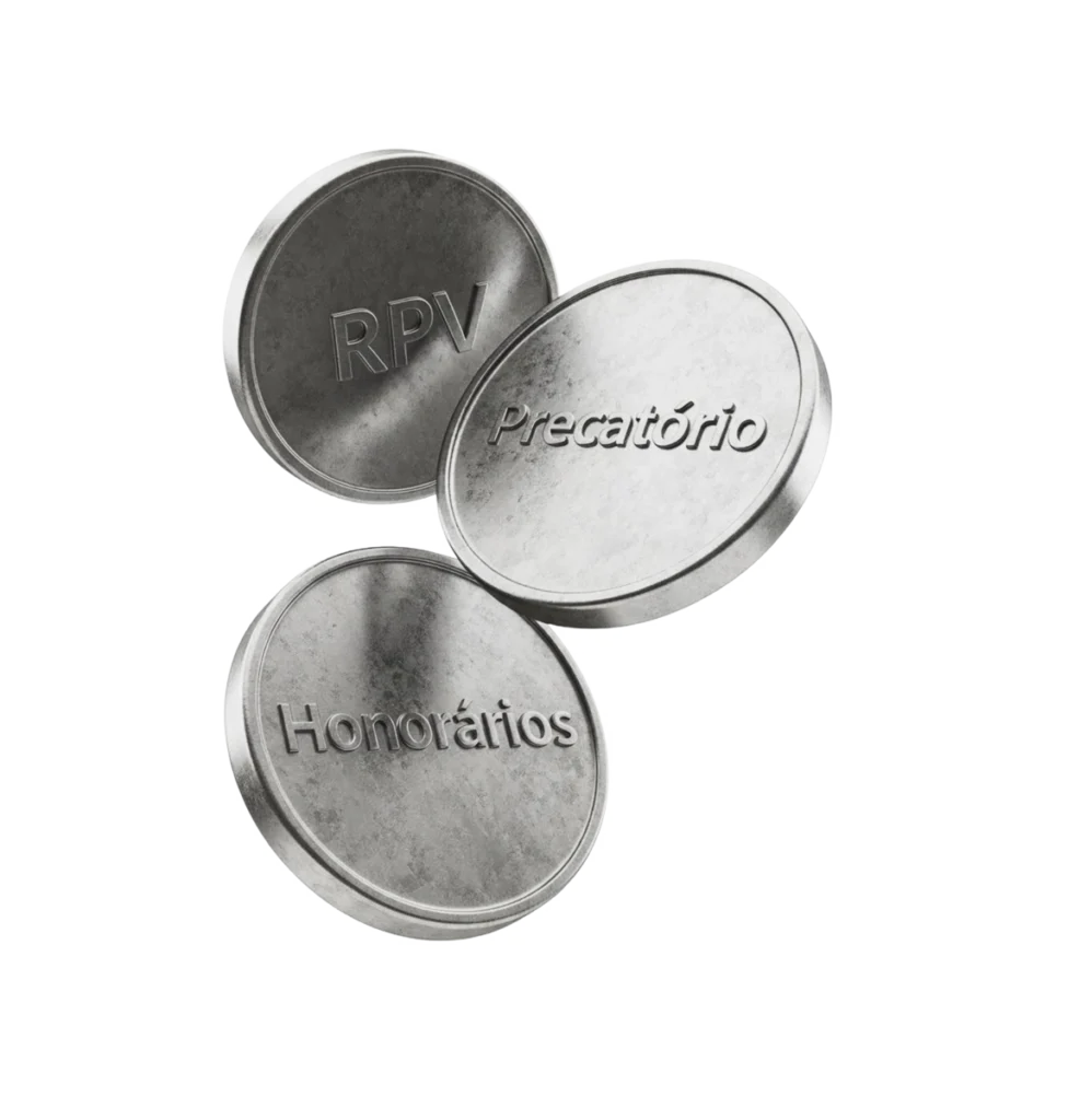 Moedas de metal com inscrições RPV, Precatório e Honorários