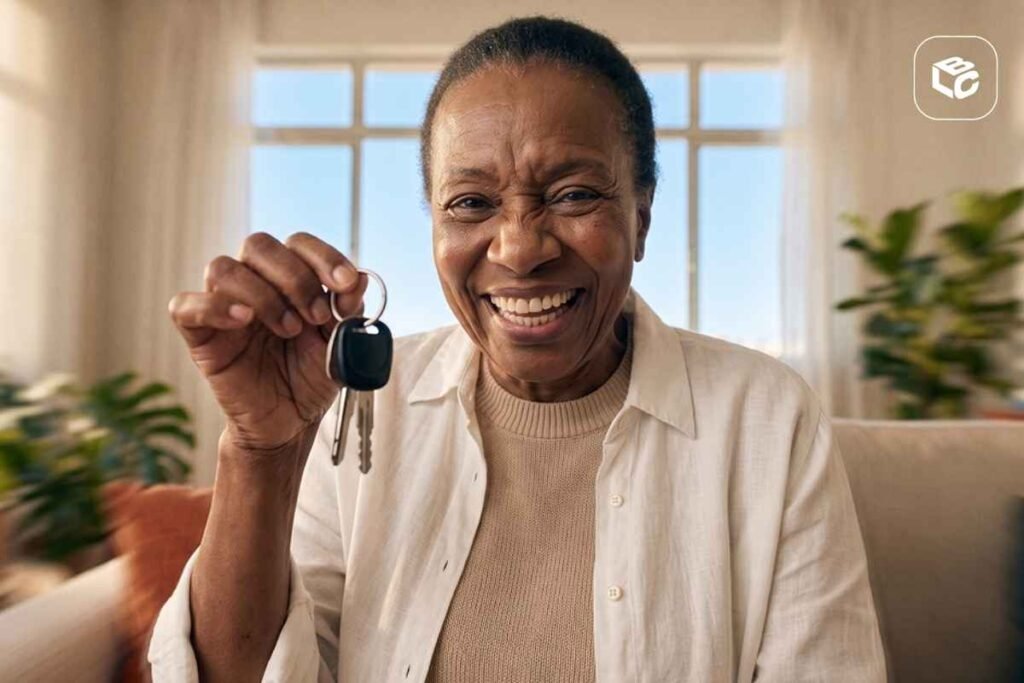 Mulher sorridente segurando chaves de carro